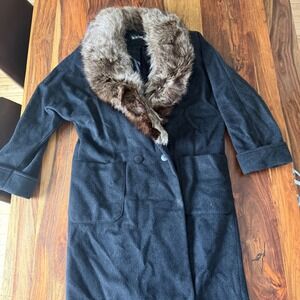 Paul Lew Designs Black Wool Blend Coat with Fur Collar Women's Size Medium